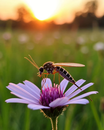 Insect on purple flower with sunset background. Insect in nature.の写真素材