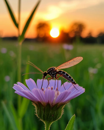 Insect on a purple flower with a beautiful sunset in the backgroundの写真素材