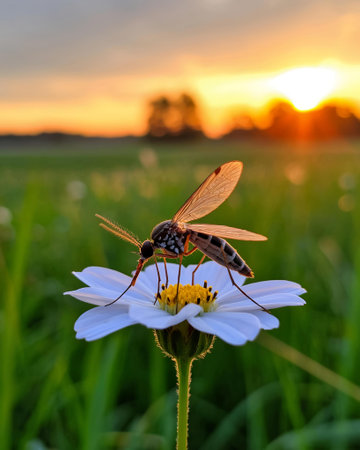 A dragonfly on a daisy flower with a beautiful sunset in the backgroundの写真素材