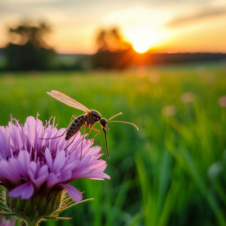 A mosquito on a purple flower in the meadow at sunset.の写真素材