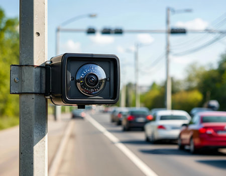security camera on the street with cars on the road in the backgroundの写真素材