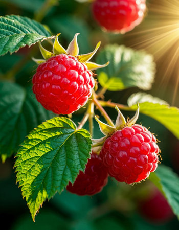 Ripe raspberries on a branch with green leaves in the sunlight