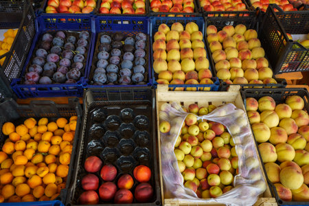 Variety of fruits in boxes at the farmers market in France.