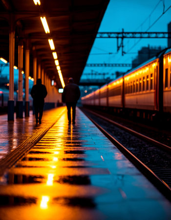 Train station at night. Silhouettes of people on the platformの写真素材