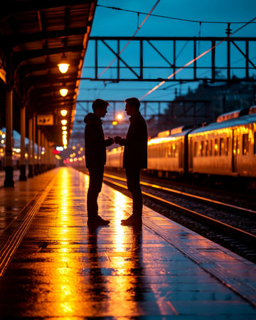 Silhouette of a young couple at the railway station at nightの写真素材