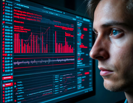 Close-up of young caucasian man looking at computer monitor with stock market dataの写真素材