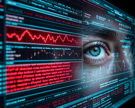 Close up of a man's eye looking at computer screen with stock market dataの写真素材