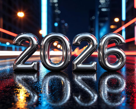 New Year. Silver numbers on the road at night. 3D renderingの写真素材