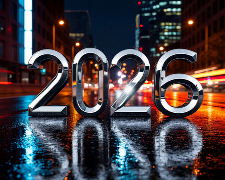 New Year on the wet asphalt in the city. 3d renderingの写真素材