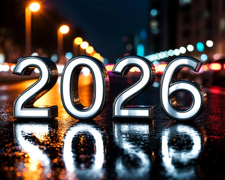 New year 2016 on a wet asphalt with city lights in the background