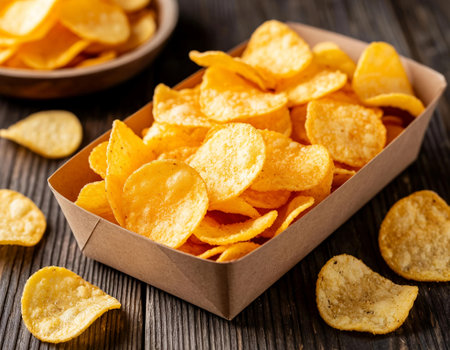 Potato chips in a cardboard box on a rustic wooden backgroundの写真素材