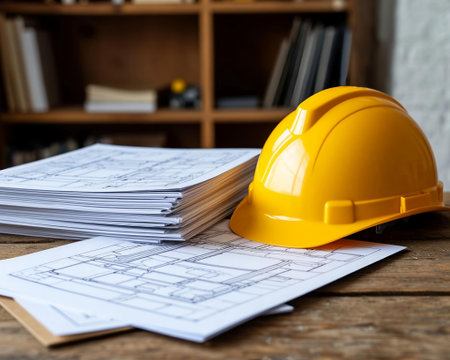 Yellow hard hat and blueprints on wooden desk in architect office.の写真素材