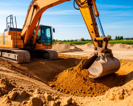 Excavator working at construction site. Backhoe digs sand at construction siteの写真素材