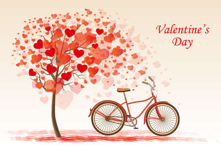 Autumn background with tree and bicycle with flying heartsのイラスト素材