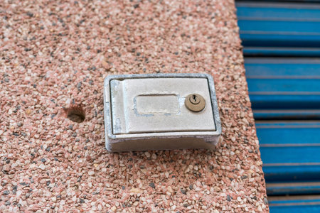 Close up photo of weathered metal utility box with key lock mounted on rough concrete surface...
