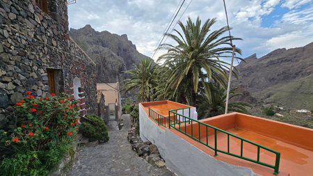Narrow stone street with traditional volcanic houses and palm trees in mountain village under cloudy sky. Scenic island landscape and rural architecture.の写真素材