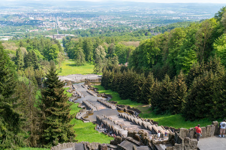 Aerial view of Bergpark Wilhelmshohe cascades in Kassel, Germany. UNESCO World Heritage landscape...
