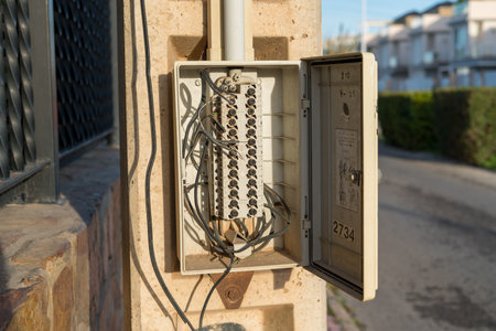 Open electrical distribution box with exposed wiring installed outdoors on building wall. Concept of...