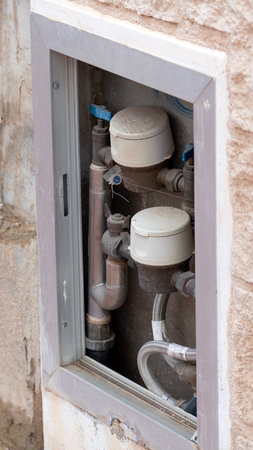 Two water meters installed inside wall utility cabinet connected to plumbing pipes and valves....