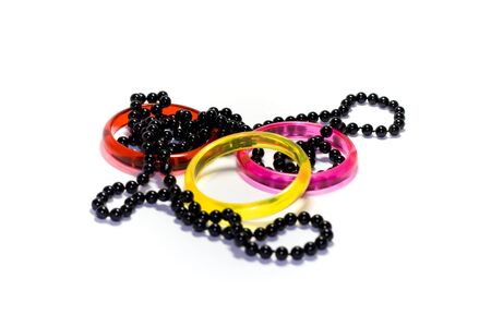 Three colour rings and black round necklaceの写真素材