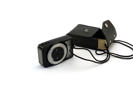 Photo exposure meter, leather slip cover on white backgroundの写真素材
