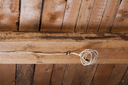 Wooden ceiling, electric wire subhung to ceilingの写真素材