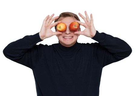Man with apple on eye on white backgroundの写真素材