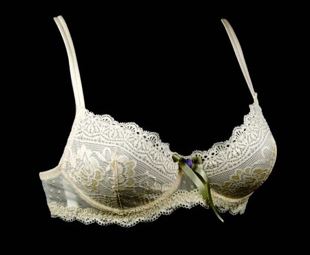 Bra with satin drawing and violet flower insulated on black backgroundの写真素材