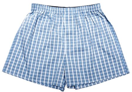 Blue plaid male undershorts on white backgroundの写真素材