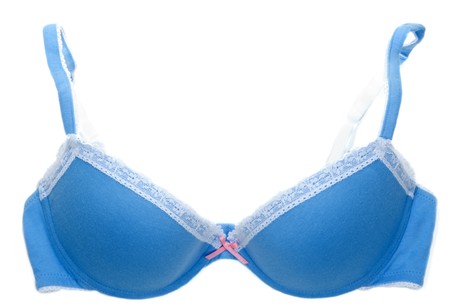 Blue lacy feminine bra on white backgroundの写真素材