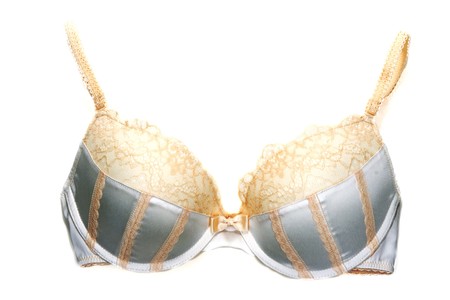 Violet bra without lace on white backgroundの写真素材