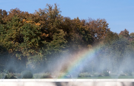 Rainbow Fountain in the background of green treesの写真素材
