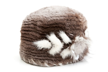 Women's fur hat with the pattern on white backgroundの写真素材