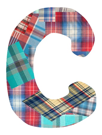 collage letter "C" made of color checkered fabric patches  on a white backgroundの写真素材