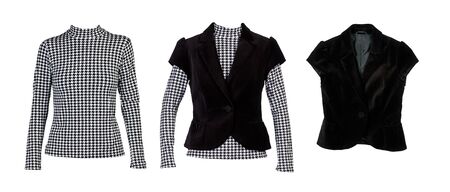 A collage of patterned blouses with crows feet and a black vest. The image is composed of several...
