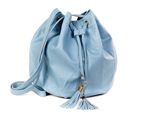 blue leather handbag fashionable women on white backgroundの写真素材