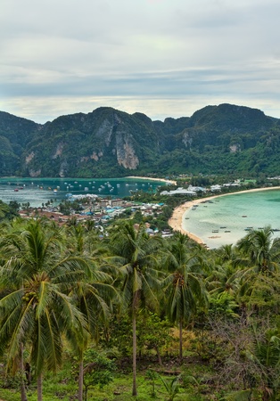 The view from the vantage point on the Isthmus of Phi Phi Island in Thailandの写真素材
