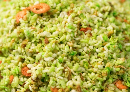 Green rice with shrimp close-up on the market in Thailandの写真素材