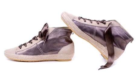 Pair of fashionable sneakers. Isolated on white.の写真素材