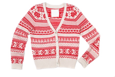 Bright knitted sweater with red pattern. Isolate on white.の写真素材
