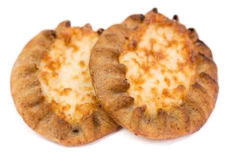 Traditional Finnish Karelian pasties on white backgroundの写真素材