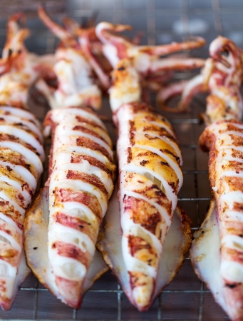 Fried squid on the grill. Shallow depth of field.の写真素材