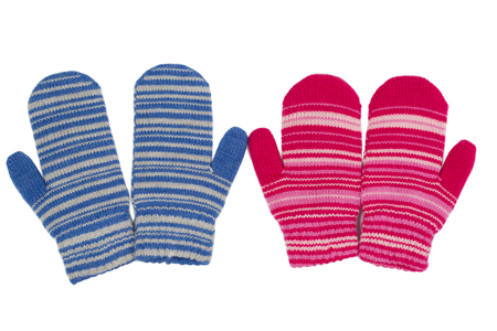 Two pairs of mittens, blue and red. Isolate on white.の写真素材
