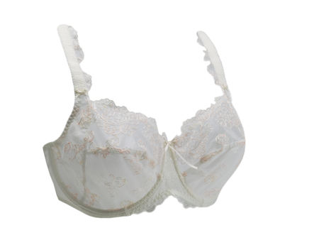 Beige patterned lace bra. Isolate on white.の写真素材