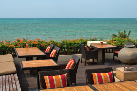 An empty restaurant on the beach in Thailand.の写真素材