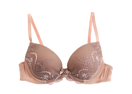 Beige satin lace bra. Studio. Isolate on white.の写真素材