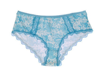 Blue womens panties with a pattern, isolate on a white backgroundの写真素材