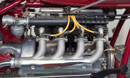 Old motorcycle engine close-up.