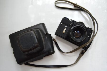 Vintage film camera with case.の写真素材