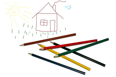 colored pencils for drawing on a white background.
child's drawing with crayonsの写真素材